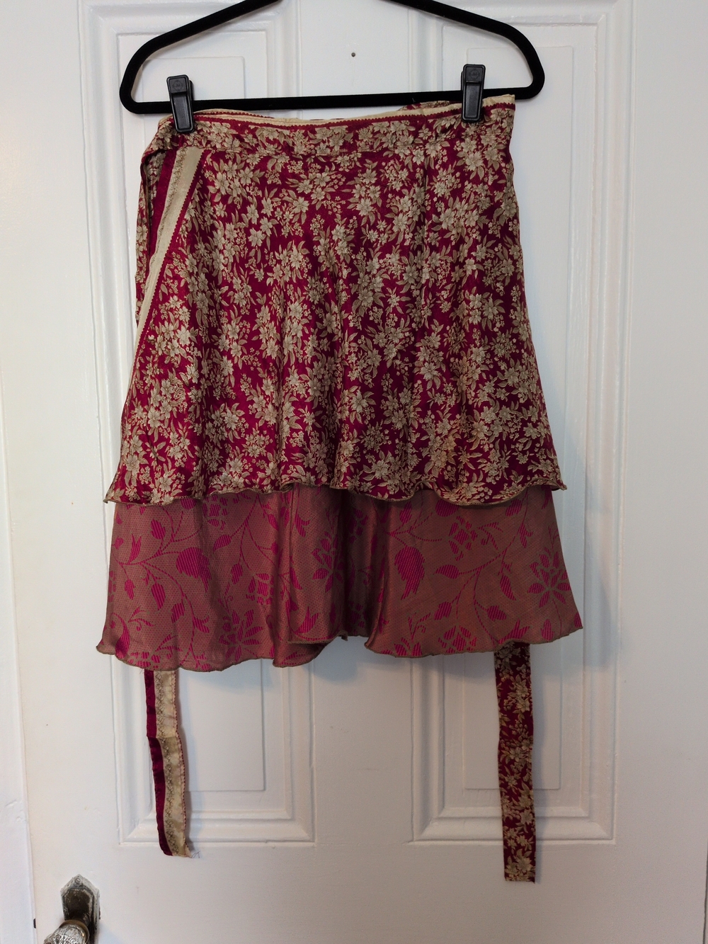 OSFM Indian Sari Reversible Wrap Skirt - Burgundy and Cream